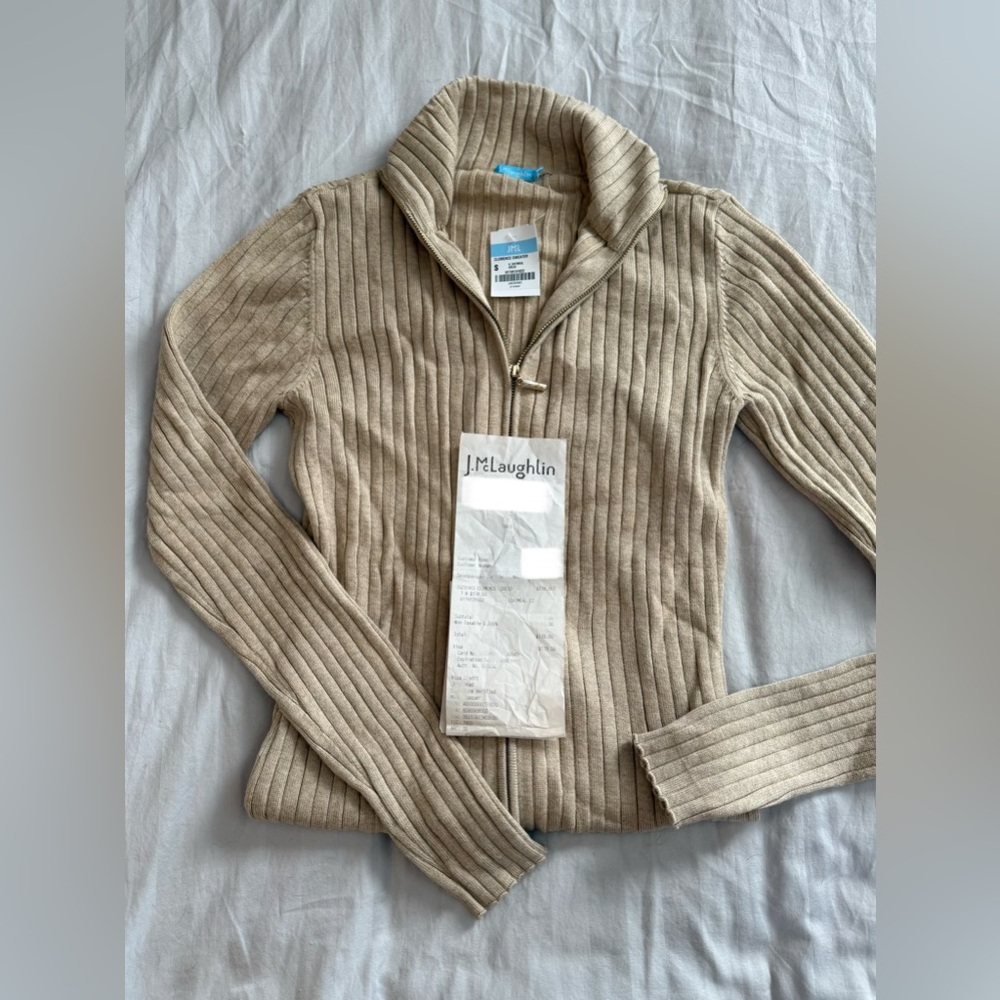 NWT J McLaughlin knit ribbed zip up with gold details